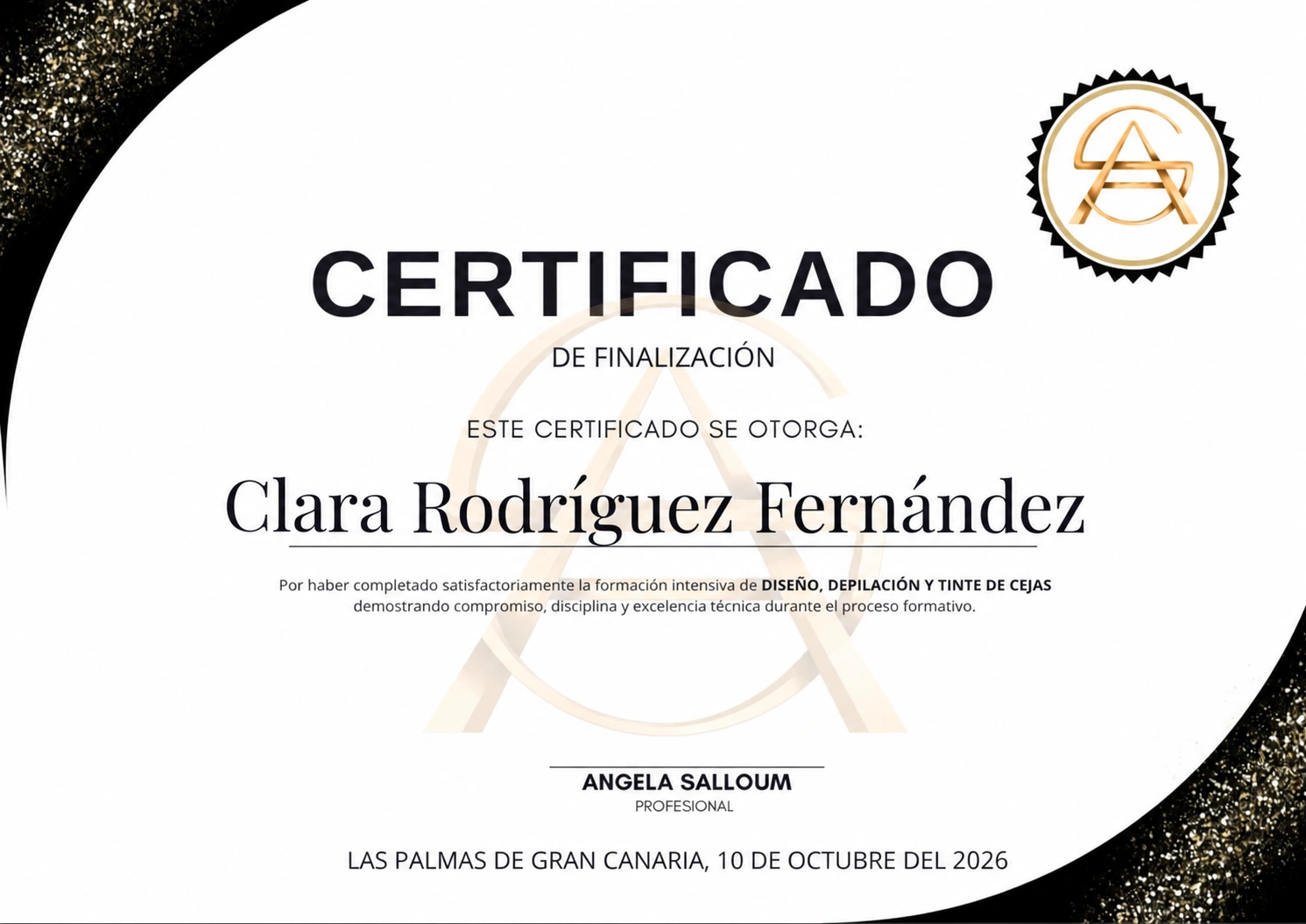Ejemplo de certificado de finalización de diseño, depilación y tinte de cejas, firmado por Ángela Salloum